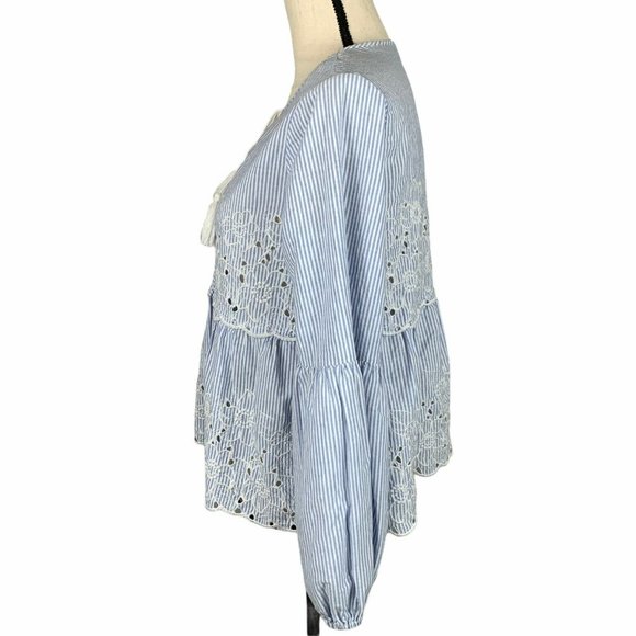 CeCe Cottage Core Crop Top Womens M Boho Puff Sleeve Striped Embroidery - Picture 4 of 10